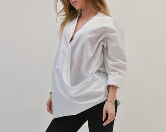 Handmade White Shirt/Asymmetric Wrap Top/White Cotton Shirt/Casual White Blouse/Asymmetrical Twisted Shirt/V Neck Shirt/Summer Shirt / F2234