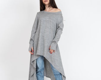 Graues Asymmetrisches Pullover-Kleid aus Wollmischung