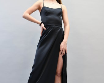 Black Satin Dress/Evening Dress/Long Dress/Strap Dress/Black Dress with Slit/Romantic Dress/Strappy Dress/Black Dress with Straps/F2211