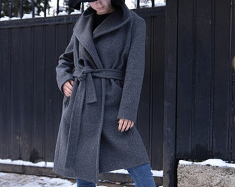 Grey Lined Coat/Cashmere Wool Coat/Extra Warm Winter Coat/Belted Straight Coat/Symmetrical Coat/Autumn Winter Coat/Grey Long Coat/F2205