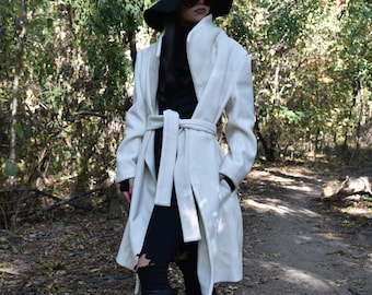 White Lined Coat/Cashmere Wool Coat/Winter Coat/Belted Coat/XXL Coat/Masculine Coat/Symmetrical Coat/Autumn Winter Coat/Warm Coat/F1944