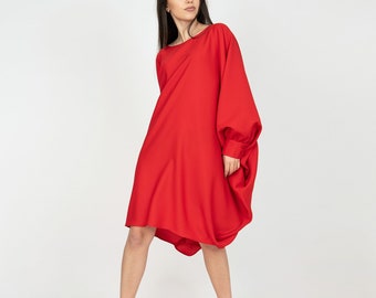 Red Crepe Oversized Dress, Asymmetric Flowing Handmade Dress/F2366