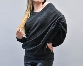 Loose Charcoal Grey Blouse/Knitwear/Oversize Top/Light Knit Sweater/Extra Long Sleeve Top/Asymmetrical Blouse/Grey Blouse/Long Top/F2195