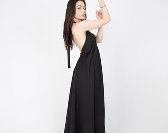 Vestido longo de linho com costas abertas, corte elegante tipo caftan/F2301