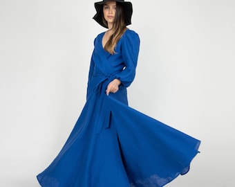 Linen Wrap Dress/Royal Blue Linen Dress/Linen Wedding Dress/Linen Maxi Dress/Flax Elegant Dress/Linen Kaftan/Linen Boho Dress/Eco/F2300