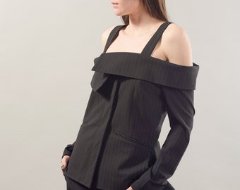 Black Stripe Blazer/Deconstructed Coat/Extravagant Blazer/Jacket with Open Shoulder/Casual Blazer/Stripe Jacket/Off Shoulder Blazer/F1811