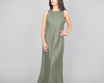 Handmade Linen Maxi Dress, Sleeveless Olive Green Gown