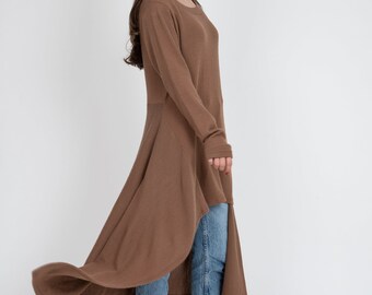 Vestido suéter de mezcla de lana asimétrico marrón, top de punto extragrande