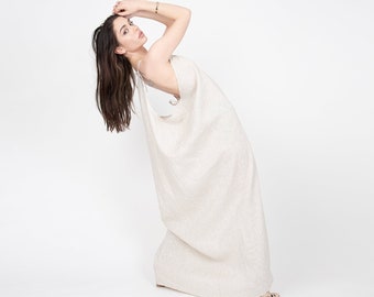 Vestido maxi assimétrico de linho, estilo caftan com costas abertas/F2304