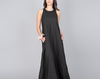 Black Linen Maxi Dress, Convertible Sleeveless Kaftan Tunic