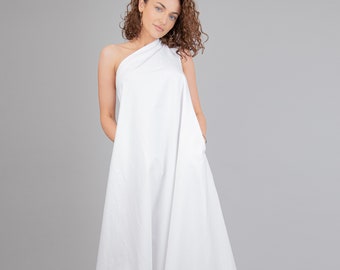 One Shoulder Dress/White Kaftan/Asymmetrical Tunic/White Maxi Dress/White Casual Kaftan/Party Dress/One Shoulder Dress/Stylish Dress/F2255