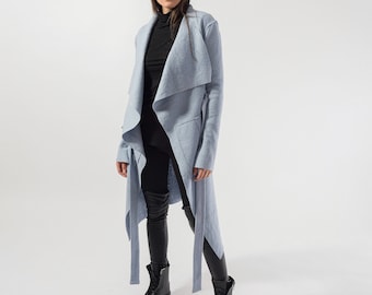 Asymmetrical Long Wool Coat/Winter Cape Coat/Buckle Wool Coat /Long Sleeve Trench Coat/ Large Pockets Coat/Autumn Winter Blue Coat/F1823