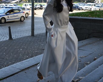 Handmade White Long Skirt/Skirt with Pockets/Belted White Skirt/Pleated White Skirt/Hidden Zipper Skirt/Long Skirt/Long White Skirt/F1953