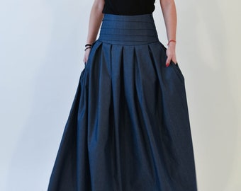 Lovely Blue Denim Maxi Skirt/High Low Waist Skirt/Long Waistband Skirt/Handmade Skirt/Low Waisted Black Skirt/Denim Skirt/Blue Skirt/F2028