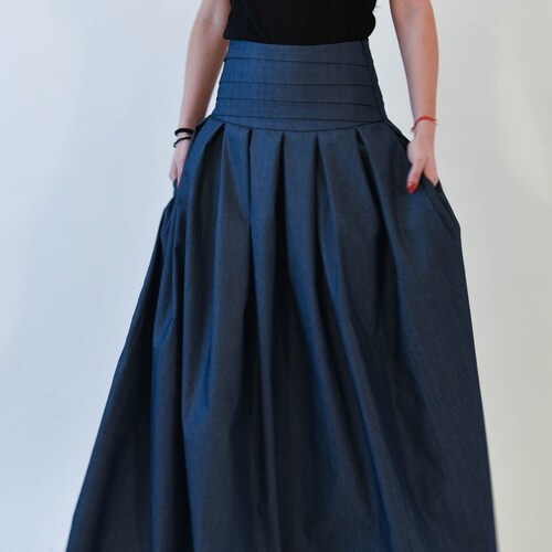 Lovely Blue Denim Maxi Skirt/high Low Waist Skirt/long - Etsy