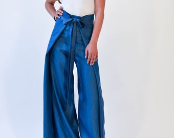 Blue Pants Skirt/Blue Pants/Loose Blue Pants/Wide Leg Pants/Comfortable Pants Skirt/Blue Handmade Pants/Plated Pants/Elegant Pants/ F2113