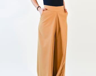 Beige Pants Skirt/High Waist Pants/Pockets/Wide Leg Pants/Comfortable pants skirt/Beige Handmade Pants/Plated Pants/Elegant Skirt/F2018