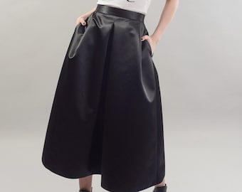 Satin Black Midi Skirt with Pockets, Pleated Belted Skirt/F1818