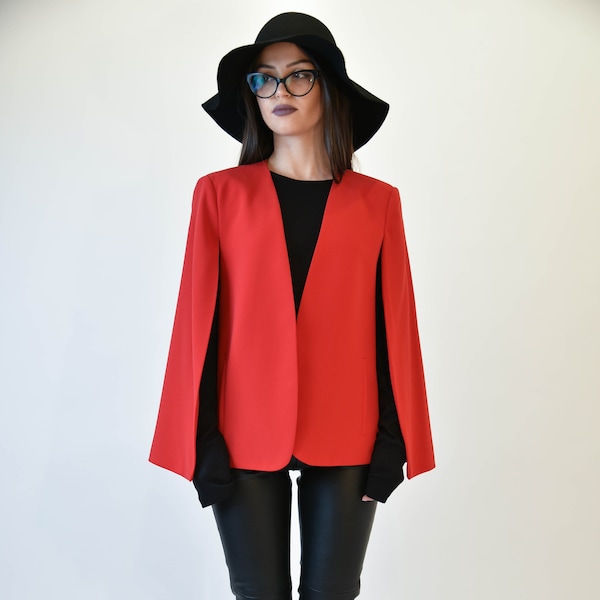 Red Cape Coat/Jacket For Women/Handmade Cape/Cape Jacket/Fashion Cape Coat/Winter Jacket/Cloak Coat/Handmade Red Coat by FloAtelier/F1977