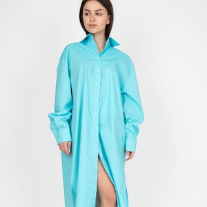 Blue Maxi Shirt/Elegant Formal Shirt/Minimalist Blue Shirt/Oversized Shirt/Loose Oversized shirt with pocket/Blue Handmade Shirt Dress/F2405