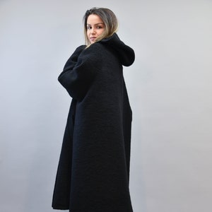 Straight Coat/Black Boucle Coat/Wool Boucle Coat/Hooded Coat/Oversized Coat/Unstructured Coat/Asymmetrical Winter Coat/Lined Coat/F2181