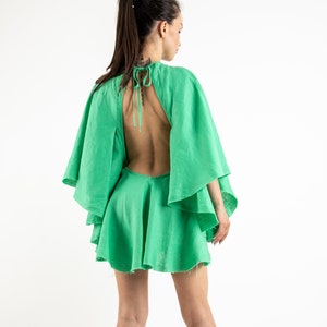 Mini Linen Dress/Summer Linen Dress/Backless Linen Summer Dress/Green Linen Dress with Open Back/Handmade Linen Dess/F2415