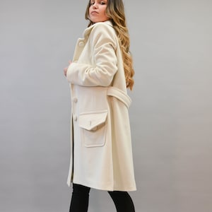 White Lined Coat/Cashmere Wool Coat/Winter Coat/Patch Pocket Coat/XXL Coat/White Coat/Symmetrical Coat/Autumn Winter Coat/Warm Coat/F2164