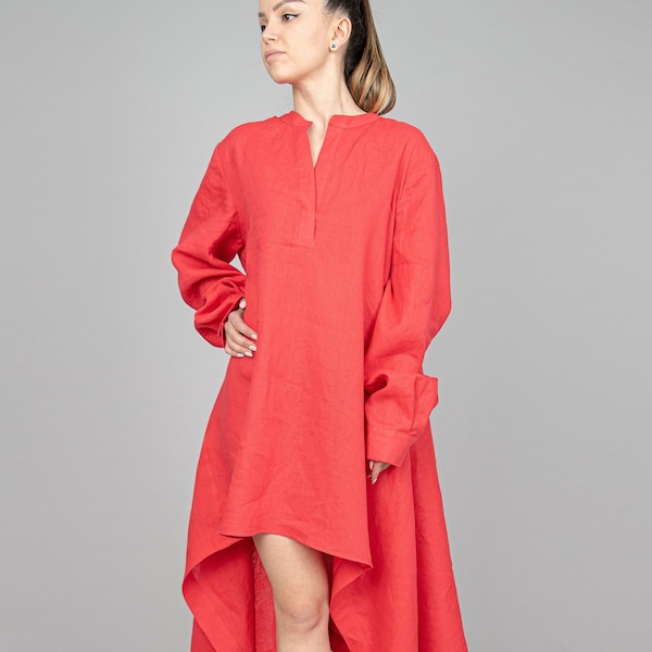 Robe tunique en lin asymétrique rouge / tunique en lin ample / haut à manches longues / hauts de tunique pour femmes / robe en lin d’été / haut en lin rouge / F2289