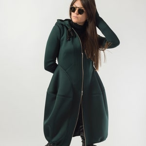 Hooded Long Neoprene Coat/Winter Cape Coat/Neoprene Coat/Long Sleeve Trench Coat/Large Pockets Coat/Autumn Winter Green Coat/F1824