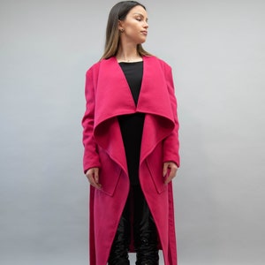 Bright Pink Long Cardigan/Cashmere Wool Blend Cardigan /Long Sleeve Cardigan/Patch Pocket Outerwear /All Season Cosy Coat/Cardigan/F2219