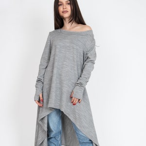 Gray Asymmetrical Sweater/Cozy Pullover/ Sweater Dress/Knit Dress/Women Ribbed Sweater/Maxi Blouse/Oversized Knit Top/Winter Blouse/F1011