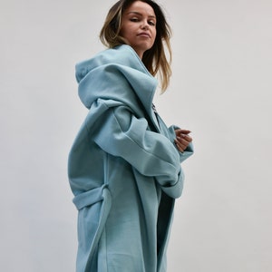 Hooded Long Wool Coat/Winter Cape Coat/Cashmere Wool Coat /Long Sleeve Trench Coat Large Pockets Coat/Casual Autumn Winter Blue Coat/F2208 image 3