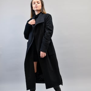 Black Wool Coat/Winter Cape Coat /Cashmere Wool Coat/Oversized Coat/Belted Coat/Handmade Black Wool Coat/Handmade Coat/F2506