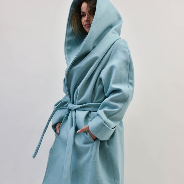 Hooded Long Wool Coat/Winter Cape Coat/Cashmere Wool Coat /Long Sleeve Trench Coat Large Pockets Coat/Casual Autumn Winter Blue Coat/F2208