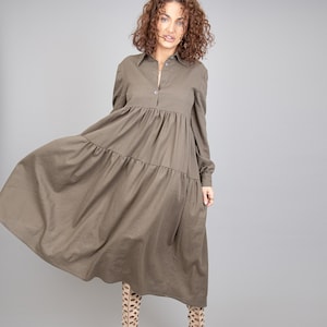 Tiered Dress/Women Maxi Shirtdress/Long Sleeved Tunic Dress/Ruffled Shirt/Linen Shirt/Linen Dress/Long Sleeve Loose Dress/Drape Shirt/F2258