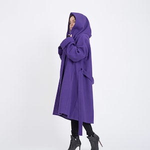 Hooded Long Wool Coat/Winter Cape Coat/Cashmere Wool Coat /Long Sleeve Trench Coat Large Pockets Coat/Casual Autumn Winter Purple Coat/F2263