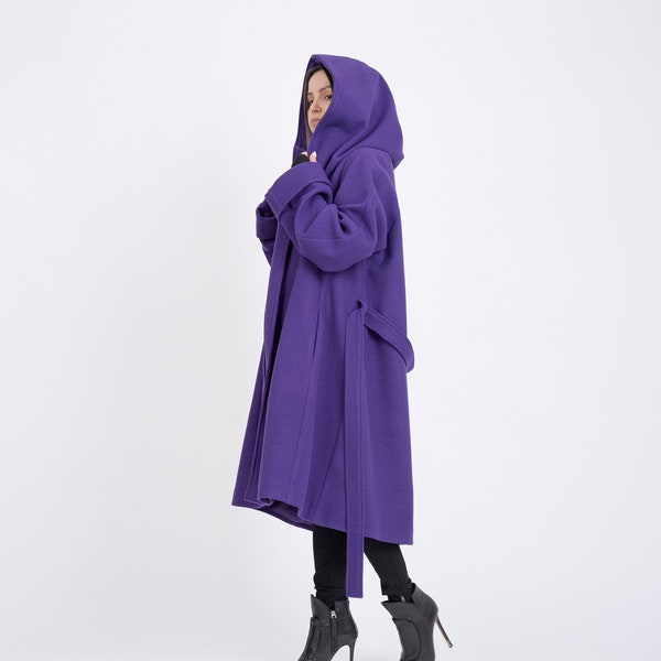 Hooded Long Wool Coat/Winter Cape Coat/Cashmere Wool Coat /Long Sleeve Trench Coat Large Pockets Coat/Casual Autumn Winter Purple Coat/F2263