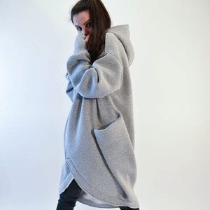 Grey Maxi Coat/French Terry Cloak/Loose Warm Grey Coat/Hooded Sweater/Hoodie/Handmade Extra Warm Coat/Handmade Sweater/Winter Blouse/F1969