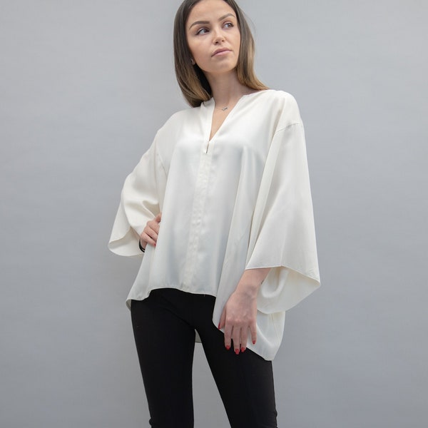 Chemise blanche faite main/Chemise d’emballage asymétrique/chemise blanc/blouse blanche décontractée/chemise torsadée asymétrique/ F2234