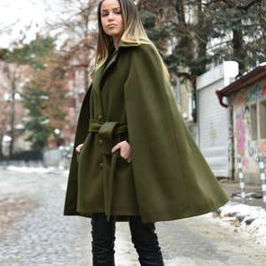 Winter Cape Coat/Green Jacket/Cape Coat/Cape Jacket/Green Fashion Cape Coat/Winter Jacket/Cloak Coat/Military Green Handcrafted Cloak/F2199