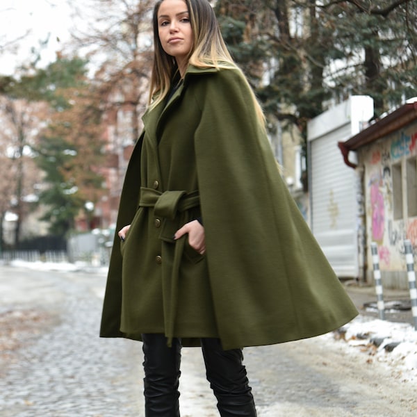 Winter Cape Mantel/Grüne Jacke/Cape Mantel/Cape Jacke/Grüne Mode Cape Mantel/Winterjacke/Mantelmantel/Militärgrün handgemachter Umhang/F2199