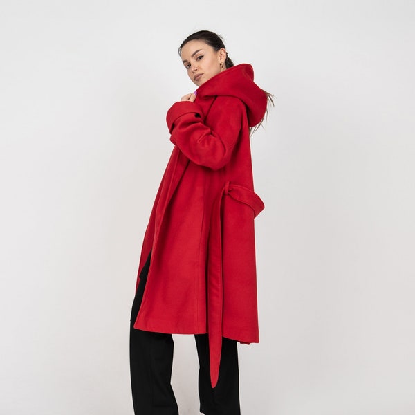 Hooded Long Wool Coat/Winter Cape Coat/Cashmere Wool Coat /Long Sleeve Trench Coat Large Pockets Coat/Casual Autumn Winter Red Coat/F2361