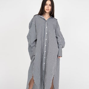 Oversized Stripe Shirt/Casual Stripe Top/Cotton Shirt/Asymmetrical Shirt/Fashion Shirt/Stripe Shirt/Extravagant Black White Tunic/F2401