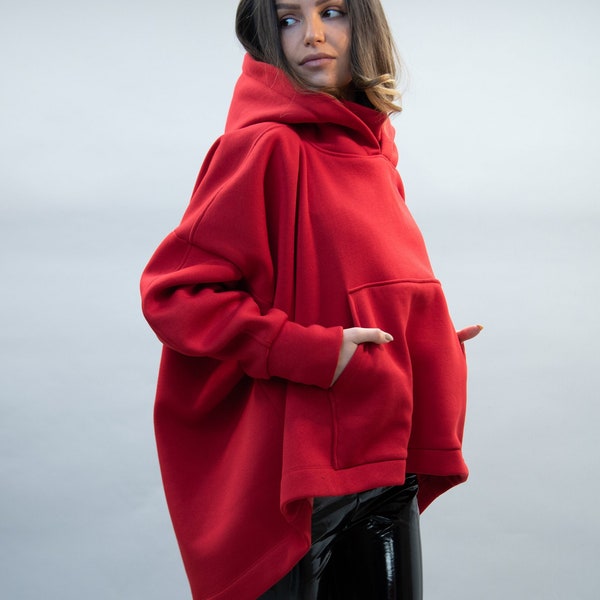High Neck Hoodie /Red Hoodie/ Oversized Loose Hoodie/ Cotton Polo Hoodie/ Kangaroo Pocket Hoodie/Red Oversized Sweatshirt/Handmade/F2224