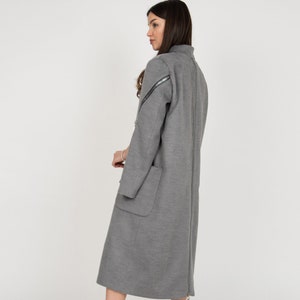 Patch Pocket Wool Coat/Long Grey Coat/All Season Collar Coat/Straight Cut Coat/Trench Coat/Minimalist Zipper Coat/Oversized Coat/F2387