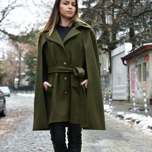 Winter Cape Coat/Green Jacket/Cape Coat/Cape Jacket/Green Fashion Cape Coat/Winter Jacket/Cloak Coat/Military Green Handcrafted Cloak/F2199 image 2