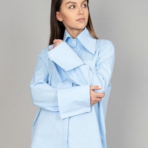 Light Blue Shirt/Elegant Formal Shirt/Minimalist Blue Shirt/Oversized Shirt/Loose Hidden Button Shirt with Oversized Cuffs and Collar/F1391