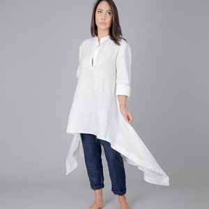 Asymmetric Linen Tunic Dress/Loose Linen Tunic/Long Sleeve Top/Tunic Tops for Women/Summer Linen Dress/White Linen Top/F1254