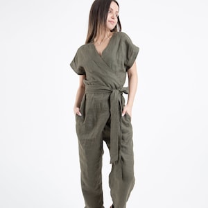 Military Linen Jumpsuit/Loose Linen Jumper/Linen Romper/Wrap Linen Overalls/Belted Linen Jumpsuit/Casual Linen Jumpsuit/Belted Romper/F1247