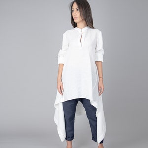 White Linen Shirt Dress/Oversized White Linen Blouse/Asymmetrical Maxi Shirt/Handmade Summer Linen Shirt Dress/Asymmetrical Casual Top/F1416